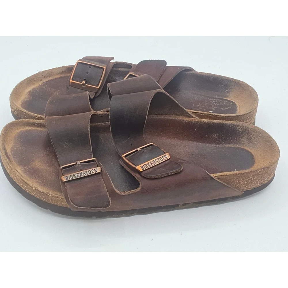 Birkenstock Arizona Dark Brown Oiled Leather Two Strap Buckle Sandals Slide